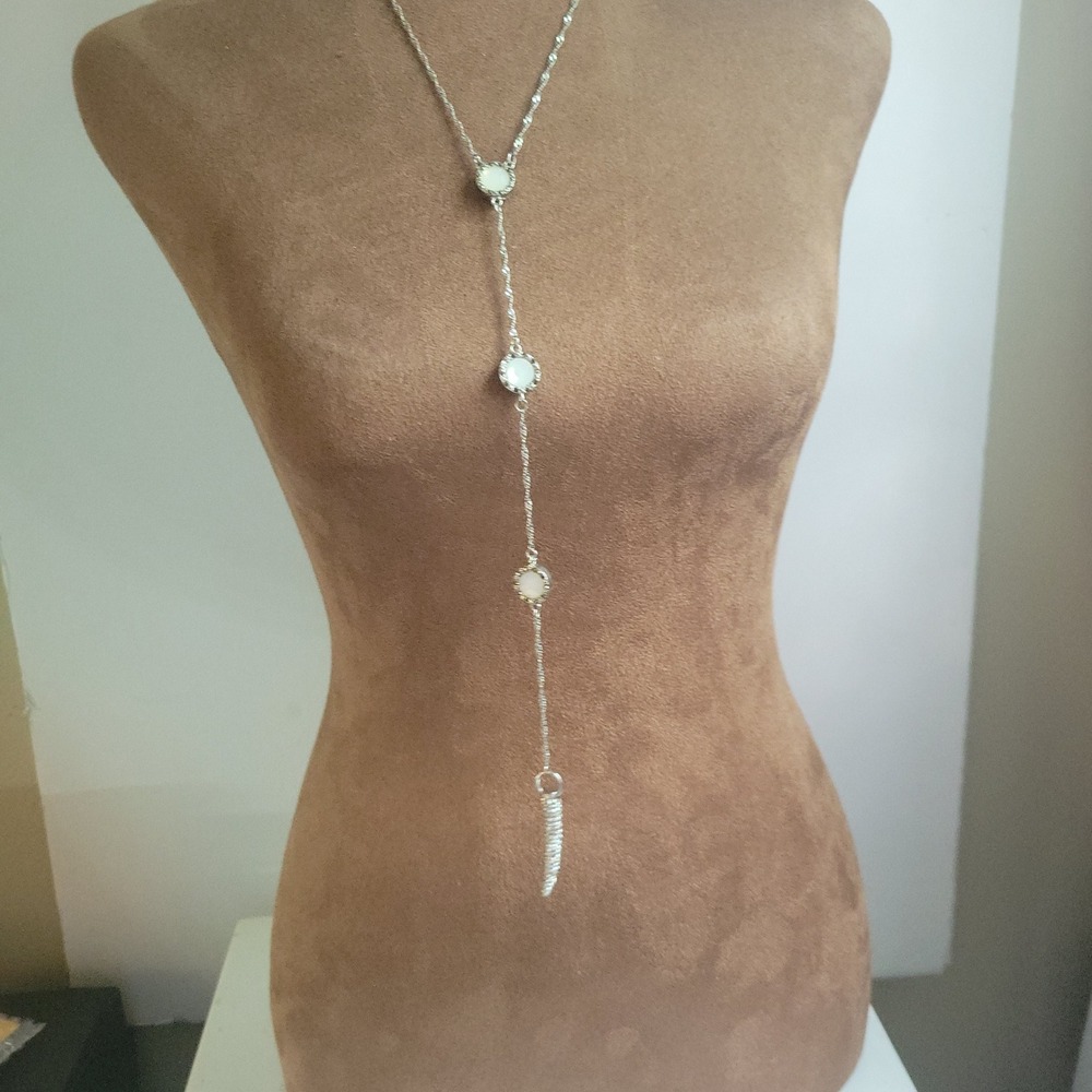 INC International Concepts Silver Faux Opal Lariat Necklace 28in Cottagecore